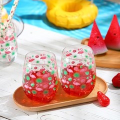 6 Pcs Stemless Wine Glasses, 15 oz Summer Cocktails Glass, Hawaiian Flamingo