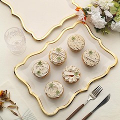 WHITE 10 Rectangle 14″ Paper SERVING TRAYS Scroll Design Gold Rim Party Events