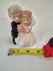 Wedding cake topper Bride & Groom Black Tux White Dress Pink Flowers & Bow…