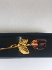 Gold Stem Red Rose in a box Wedding Favor Gold Tone Red Crystal 3.5” Length