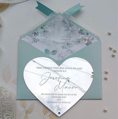 Silver Mirror Acrylic Customized Wedding Invitation with Pale Blue Lace Envelope