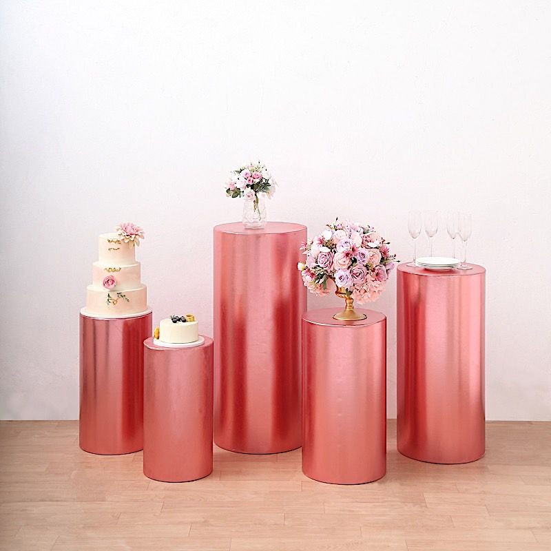 5 BLUSH Fitted Metallic Spandex Cylinder Display STAND COVER Set Party Events