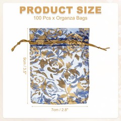 Organza Bags, 100 Pcs 2.8 x 3.5 Inch Gold Rose Mesh Pouch, Sapphire Blue Gold