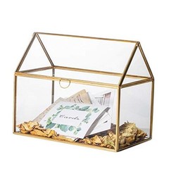 Large Glass Card Box with Lid for Wedding Reception (10.2x6x8.2 Inches) Gold