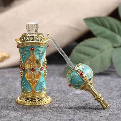 Vintage Enamel Peacock Blue Perfume Bottle Hollow Metal 0.4 Ounces,