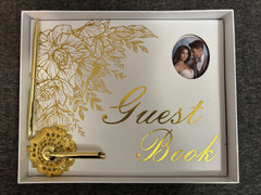 Event Guest Book – White w/Gold Trim Floral Theme. Gold Stand and Pen – New!