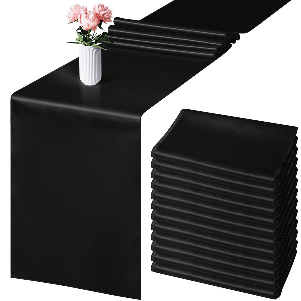 Aneco 12 Pack Satin Table Runner 12 x 108 Inch Black Long Wedding Satin Silk …