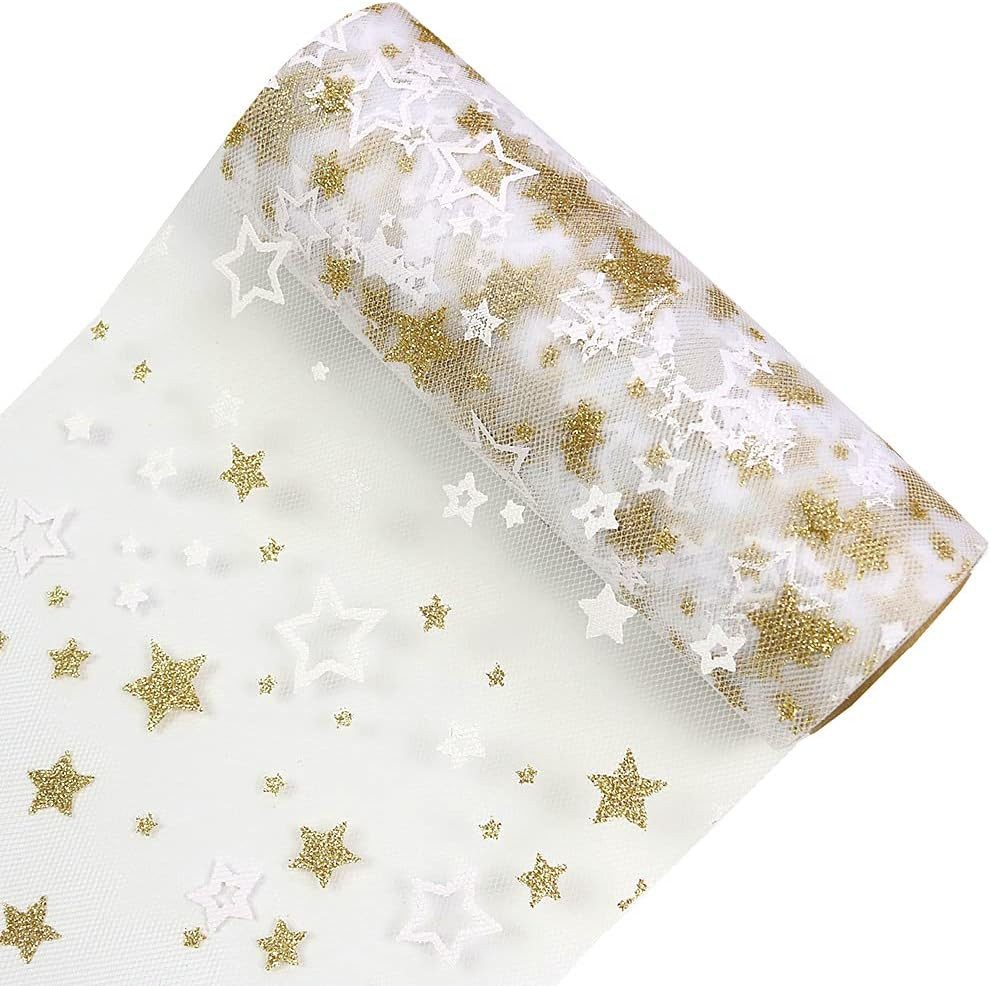 Gold Star Glitter Tulle Rolls 6 Inch X 10 Yards (30 Feet) White Color for Table