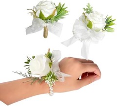 Rose Wrist Corsage Bracelet Boutonniere Set 2 Pack Wedding Flowers
