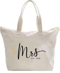 Stylish Bridal Shower Gift: Mrs. 2025 Cotton Canvas Shoulder Bag with Zipper