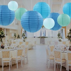 Hanging Paper Lanterns, 12 Pcs Round Chinese Decor, Home Party Wedding, Blue