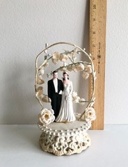 Vintage 1950s Wedding Cake Topper Bride Groom Floral Arch Mid Century