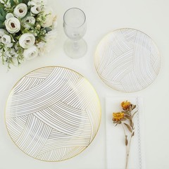 10 White 7″ Round Plastic Salad and Dinner Plates Gold Strokes Party Decorations