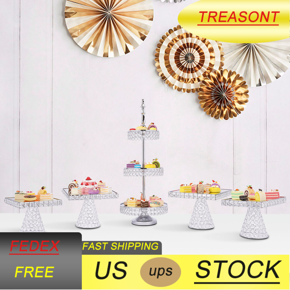 Dessert Plate Display Rack 5Pcs Cupcake Holder Tray Crystal Beads Cake Stand New