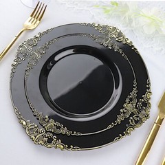 10 BLACK GOLD 8″ Round Plastic Salad Dinner PLATES Embossed Baroque Rim Party