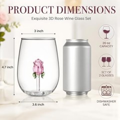 Set of 2 Stemless Wine Glassware with Rose Inside, 20 OZ Large Stemless