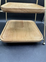 Two Tier Tray Cupcake Holder Display Natural Wood Gold Metal Kitchen Table Decor