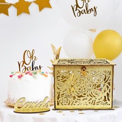 Glittery Gold Wedding Card Box with Lock Wooden Gift Card Box for Wedding Rec…