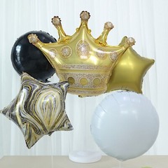 6 Gold Black White Round Crown Stars Mylar Foil BALLOONS Set Party Decorations