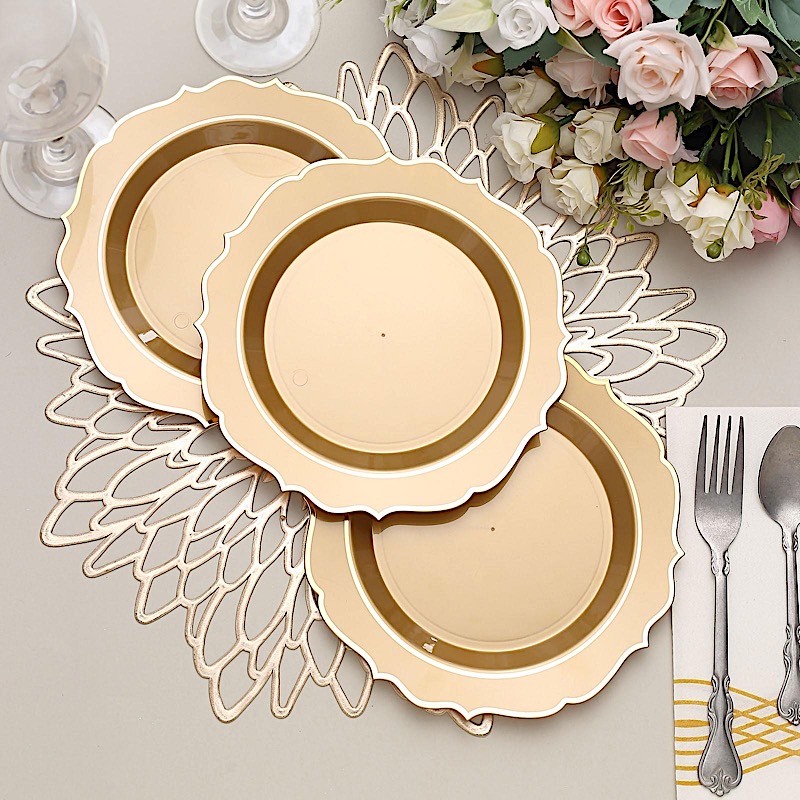 30 GOLD 8″ Round Plastic Dinner Plates GOLD Scalloped Rim Events Wedding