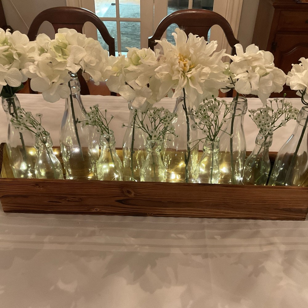 Farmhouse Decor Long Wooden Table Top Centerpiece w/11 Bottle Vases-Lighted