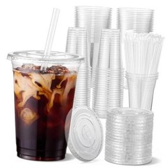 [100 Sets – 16oz] Clear Plastic Cups with Lids and Straws, Disposable 16 OZ