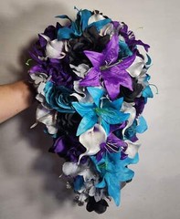 Purple Black Teal Silver Rose Calla Lily Bridal Wedding Bouquet Accessories