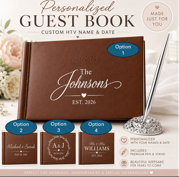 Personalized Wedding Guest Book with Pen Custom Names Date Brown Keepsake