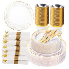Gold 50-Piece Clear Plastic Plates with Trim for 50 Guests