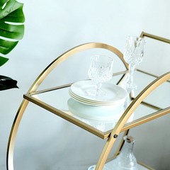 2.5 feet Gold 2-Tier Round Metal Bar Cart with Mirror Glass Serving Trays Home