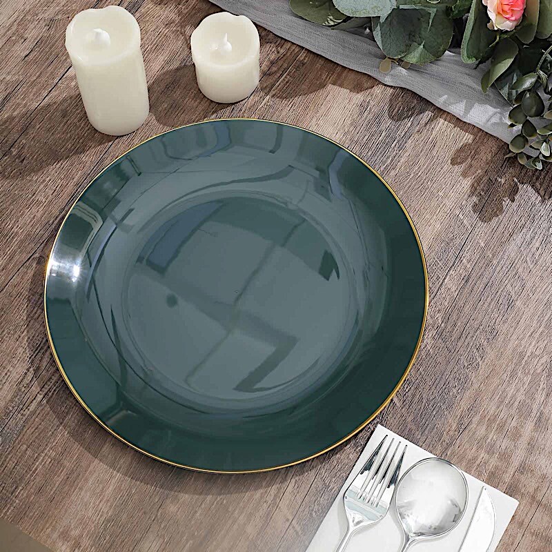 HUNTER GREEN 10 Glossy 10″ Round Plastic Salad PLATES Gold Rim Party Events