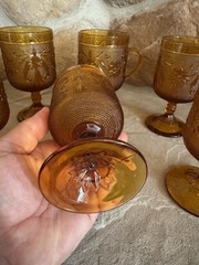 Vintage Glass Set of 8 Goblet MCM Orange Colored Raised Pattern Goblet 5.5″ tall