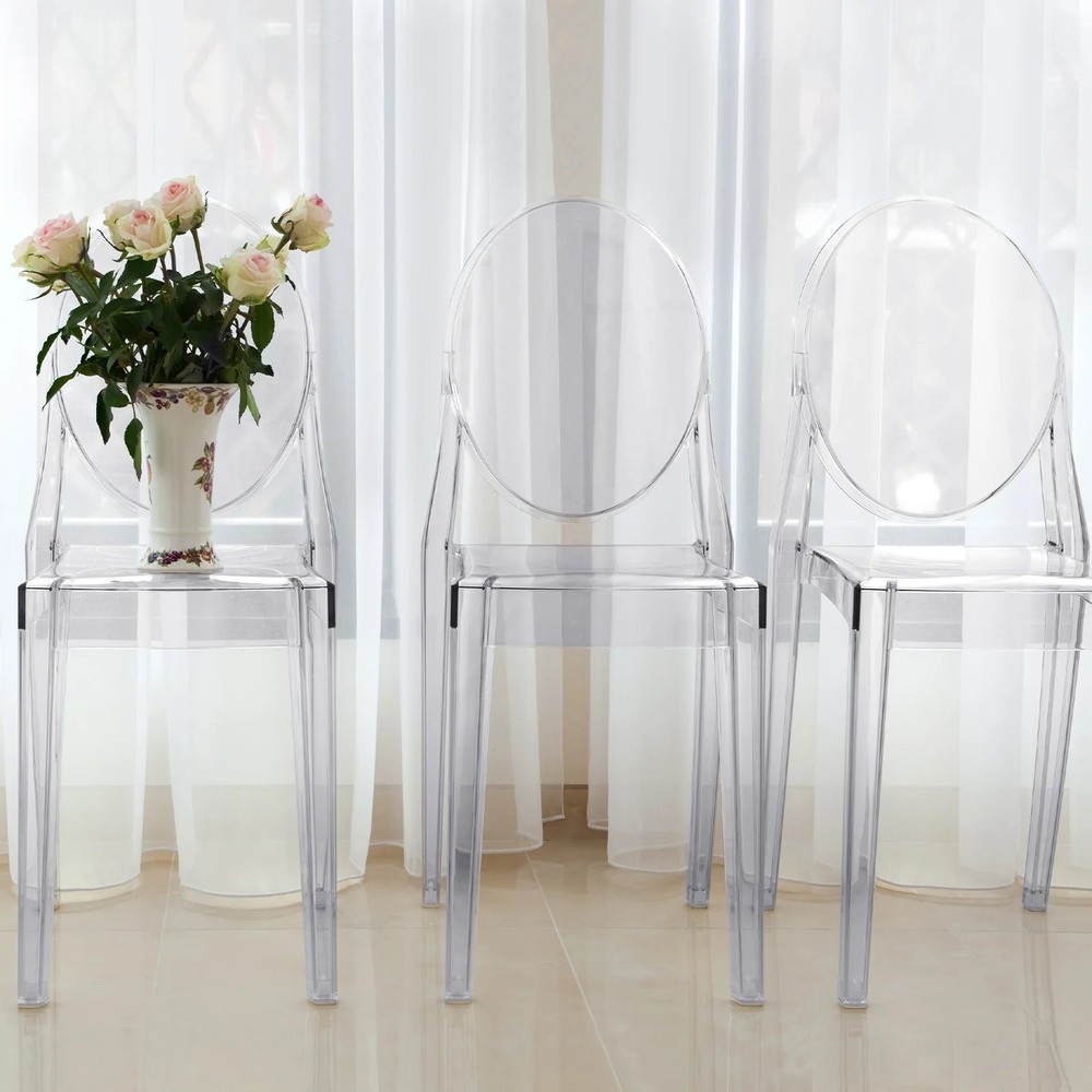 4 CLEAR Stackable Transparent Acrylic Banquet CHAIRS Oval Back Party Decorations