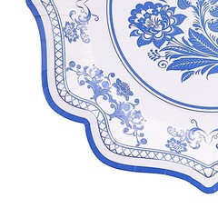 25 White 10″ Paper Dessert Plates Blue Floral Print Scalloped Rim Party Events