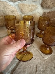 Vintage Glass Set of 8 Goblet MCM Orange Colored Raised Pattern Goblet 5.5″ tall