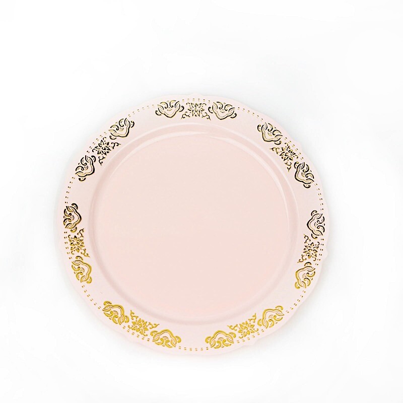 8″ Blush Round Salad Plates Gold Trim Party Wedding Disposable Tableware