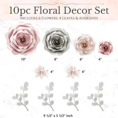 3D Paper Flower Wall Decor Set – Rose Gold Pink, Gray, Ivory
