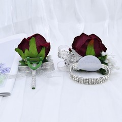 2Pcs Burgundy Rose Corsage and Boutonniere Set, Artificial Wrist Corsage Wris…