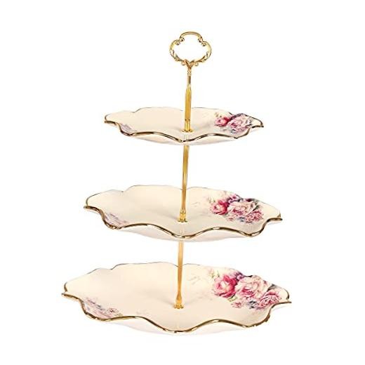 3-Tier Floral Royal Cupcake Stand, Vintage Fruit Plate with Gold Trim,