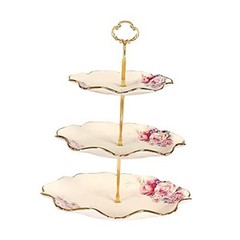 3-Tier Floral Royal Cupcake Stand, Vintage Fruit Plate with Gold Trim,