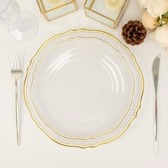 CLEAR 10 Round 9″ Plastic DINNER PLATES Gold Scalloped Rim Party Decorations