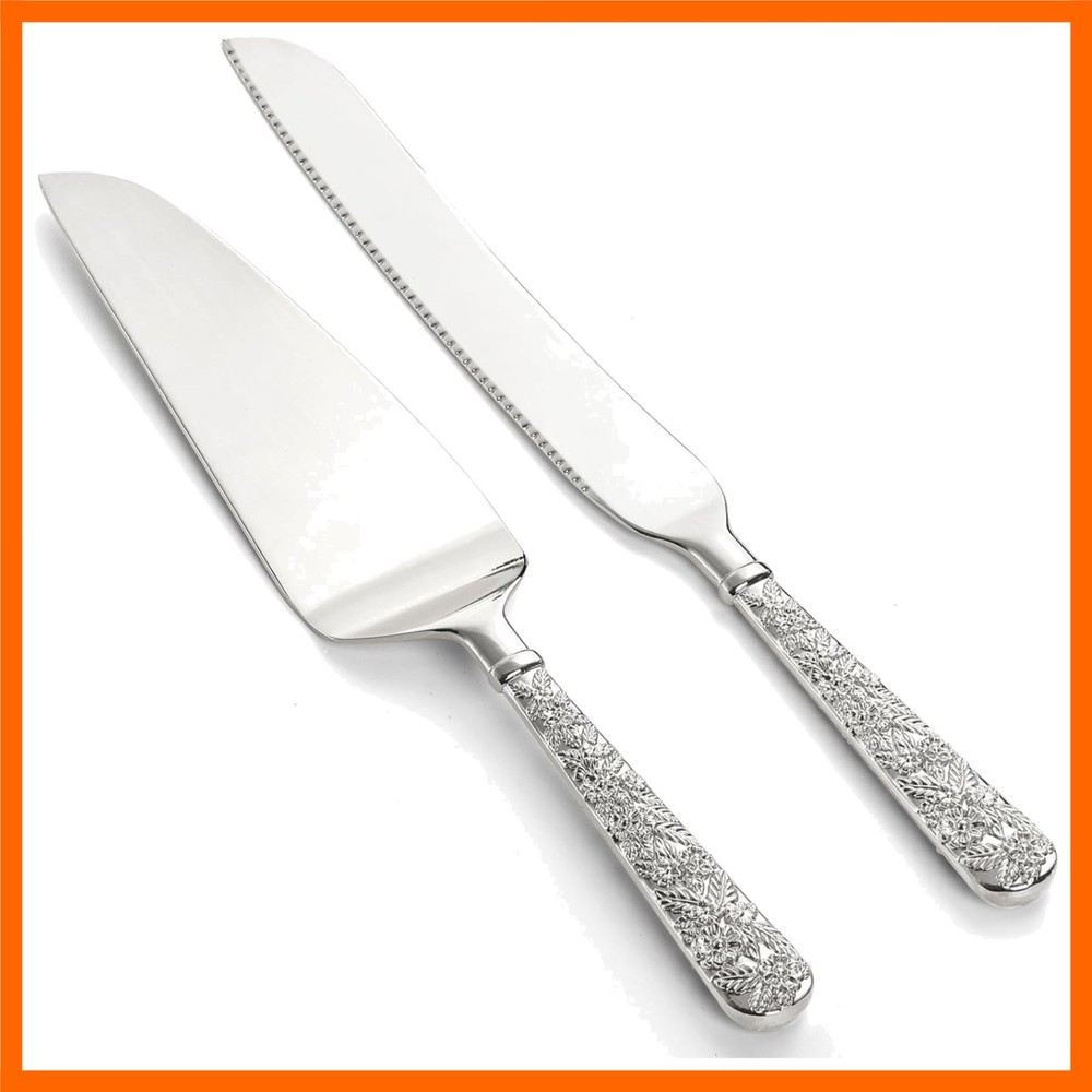 2 PCS Wedding Cake Knife and Server Set, Silver Cake Cutting Set, Vintage Eng…