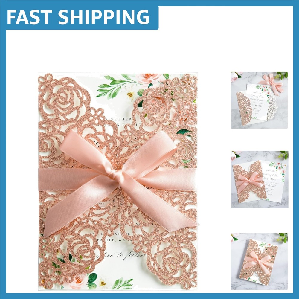 25PK Rose Gold Glitter Laser Cut Wedding Invitations – Perfect for All Occasions