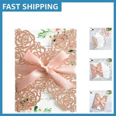 25PK Rose Gold Glitter Laser Cut Wedding Invitations – Perfect for All Occasions