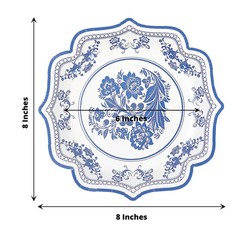 25 WHITE 8″ Paper Dessert PLATES BLUE Floral Print Scalloped Rim Party Events