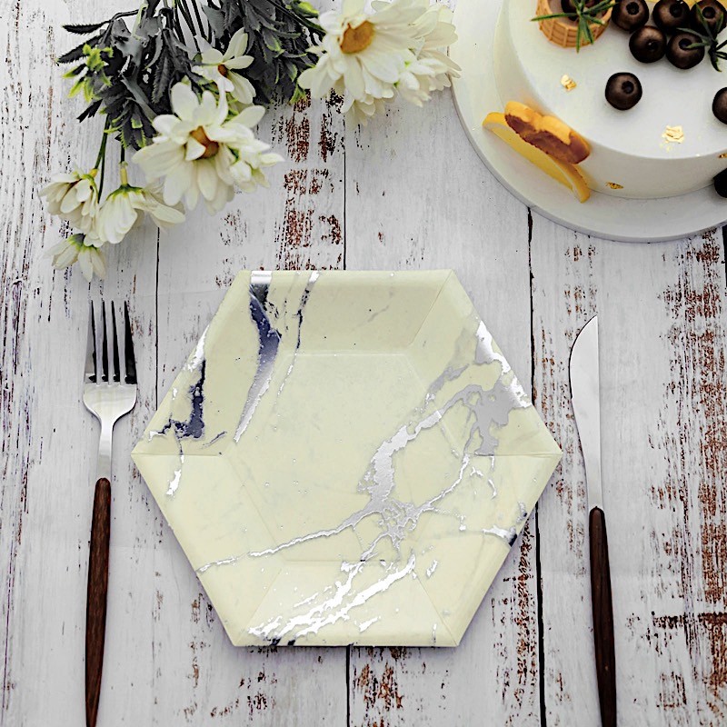 50 pcs 8.5″ Hexagon Paper Salad Plates Marble Design Disposable Tableware