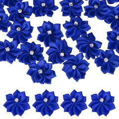 100 Pcs Ribbon Flowers, 1.2 in Fabric Flowers with Rhinestones, Cobalt Blue
