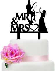 Groom Fishing Bride Cake Topper, Funny Wedding Cake Decor, Mr and Mrs Cake Toppe