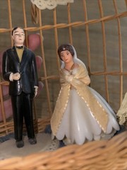 Bride & Groom Vintage Wedding Topper with a Bell and Arch Flowers Lace Tuxedo