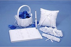 VICTORIA LYNN WHITE LACE 5 pc BRIDAL SET – GUEST BOOK, BASKET, PILLOW, 2 GARTERS